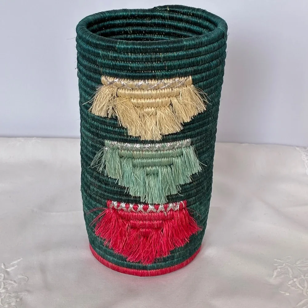 Handmade Rwandan Sisal Woven Tassel Basket Boho Chic African GlobalHome Eclectic